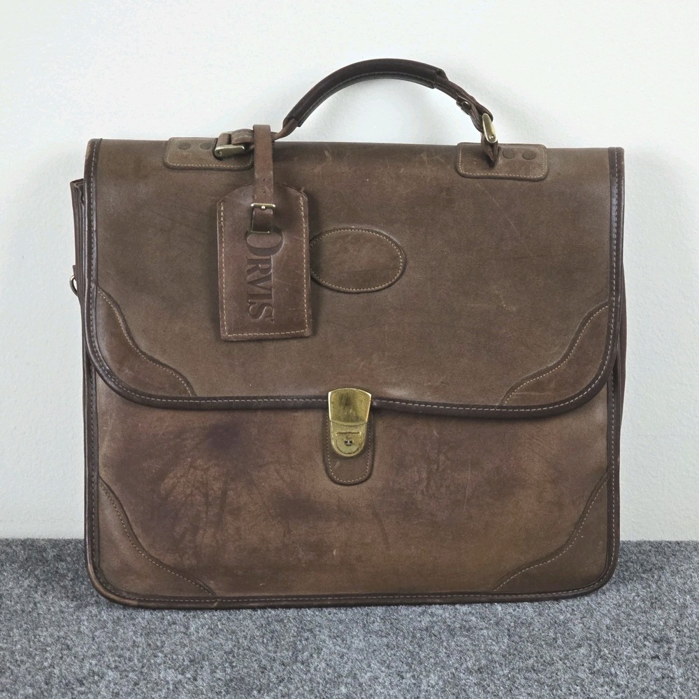 Orvis Vintage Leather Briefcase USA Brown Rawhide Messenger Bag 16x13 Strap